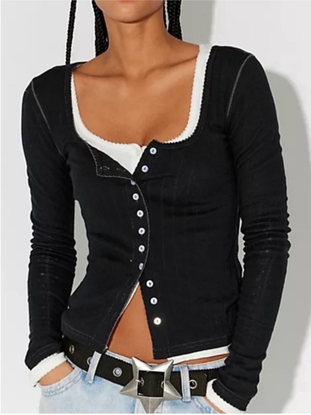🆕 Free People 90’s Cardigan Button Down long Sleeve Top Blouse Tee Cotton Moody